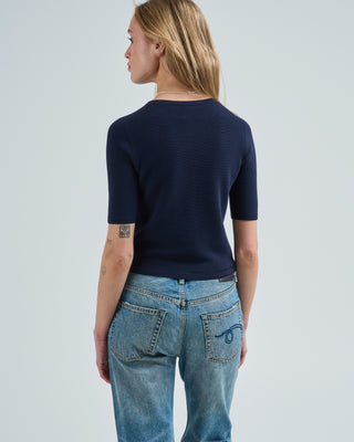 elbow length crew neck fine knit top in cotton