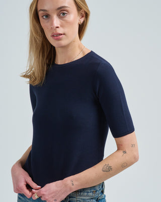 elbow length crew neck fine knit top in cotton