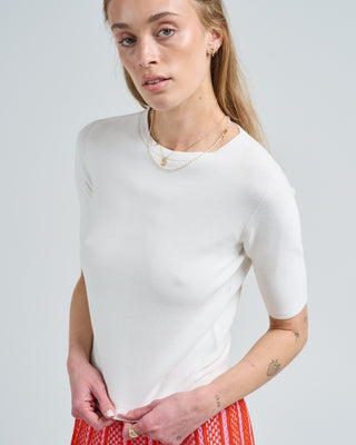 elbow length crew neck fine knit top in cotton