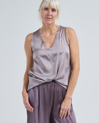 faded effect stretch patchwork silk v neck long tank top with raw cut