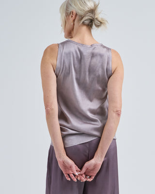 faded effect stretch patchwork silk v neck long tank top with raw cut