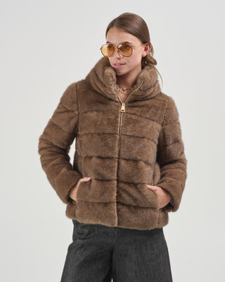 faux mink short high collar puffer jacket