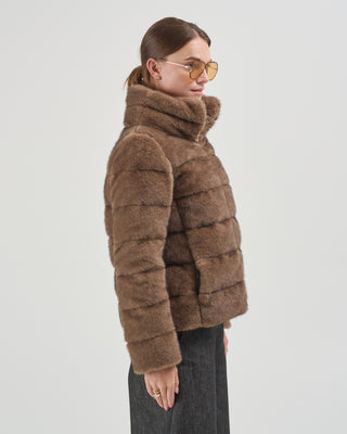 faux mink short high collar puffer jacket