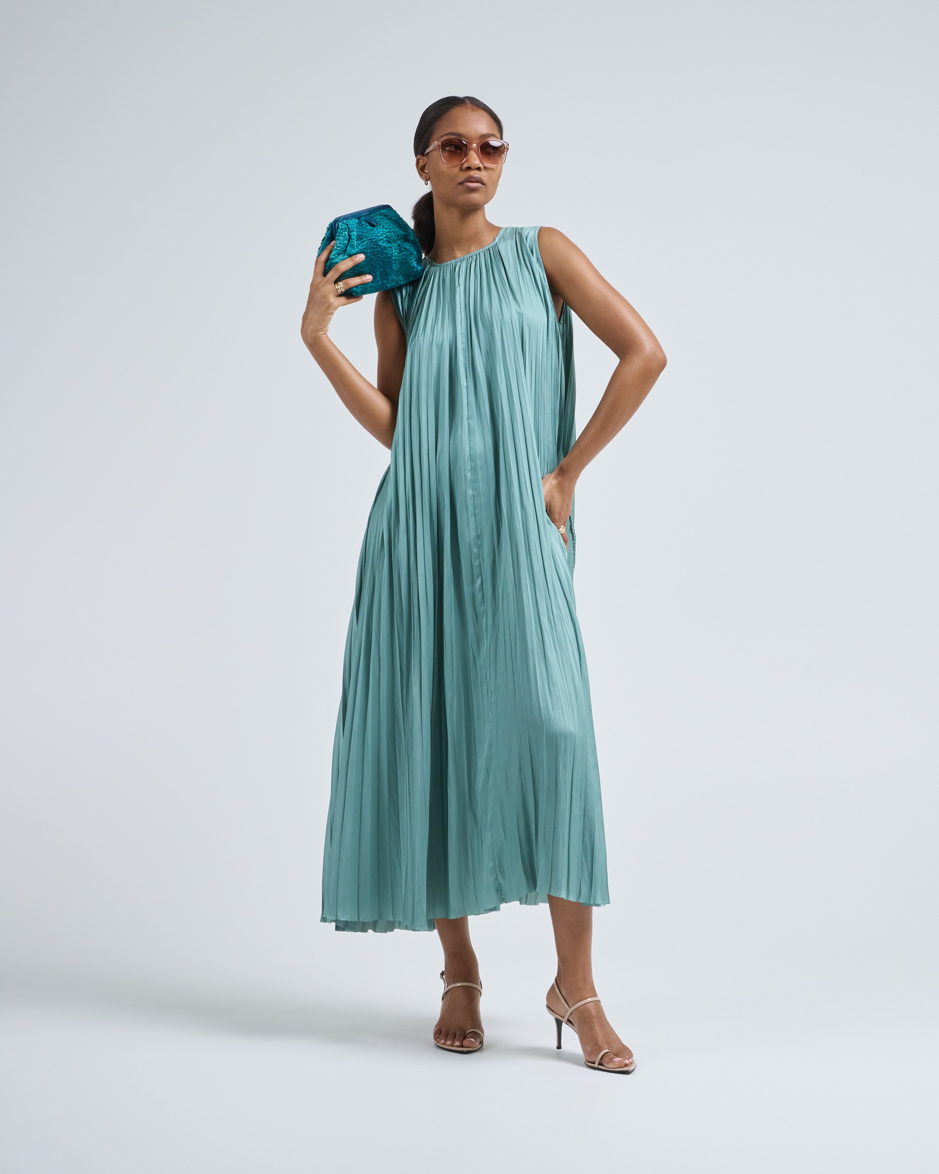 sea glass midi dress Ulla Johnson Audra Pliss Satin Midi Dress - Sea Glass - 60% Off
