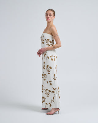 floral jacquard knit beaded strapless dress