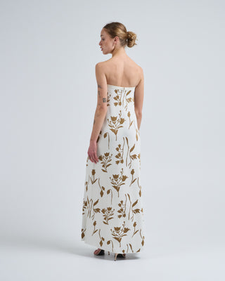 floral jacquard knit beaded strapless dress
