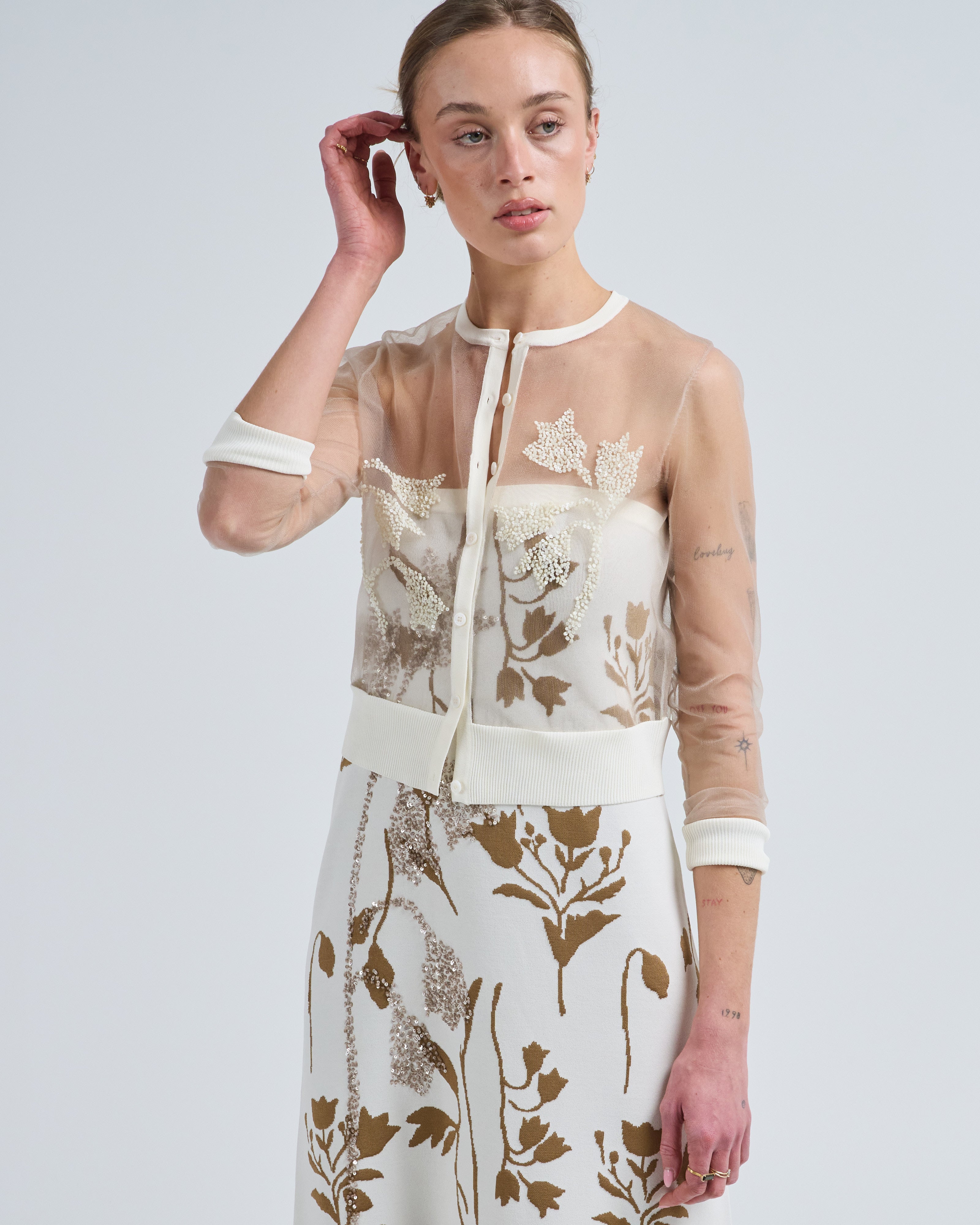 Lela Rose Floral Jacquard Knit Sheer Beaded Cardigan Cream Lela Rose Floral Jacquard Knit Sheer Beaded Cardigan Cream