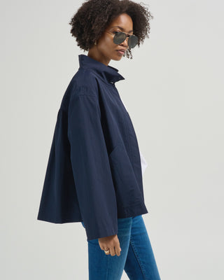 funnel neck jacket with pleated back