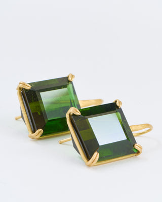 green tourmaline emerald cut cube gemstone earrings