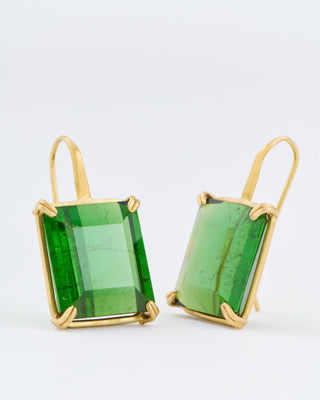 green tourmaline emerald cut cube gemstone earrings