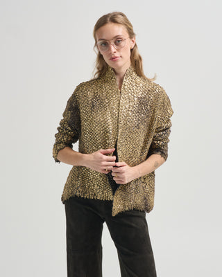hand painted cashmere and silk furry stitch open cardigan with lamination