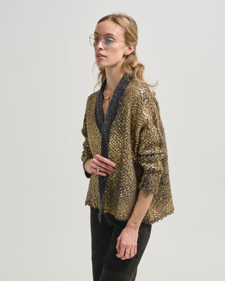 hand painted cashmere and silk furry stitch open cardigan with lamination