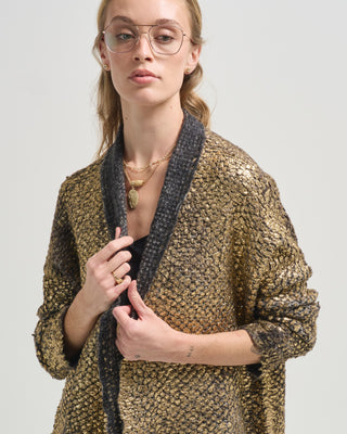 hand painted cashmere and silk furry stitch open cardigan with lamination