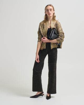 hand painted cashmere and silk furry stitch open cardigan with lamination