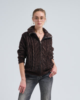 hand painted malfile' merinos silk zipped cardigan with braids