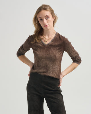 hand painted ultralight cashmere wool v neck pullover with destroyed effect