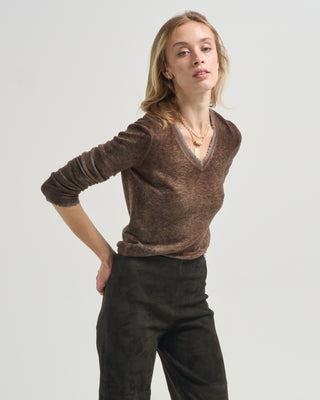 hand painted ultralight cashmere wool v neck pullover with destroyed effect