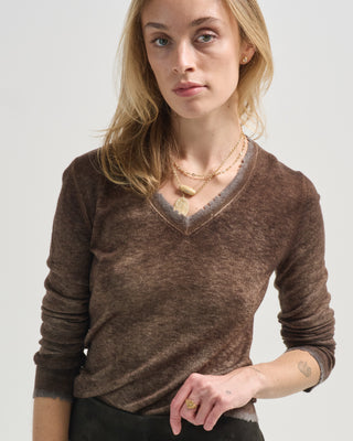 hand painted ultralight cashmere wool v neck pullover with destroyed effect