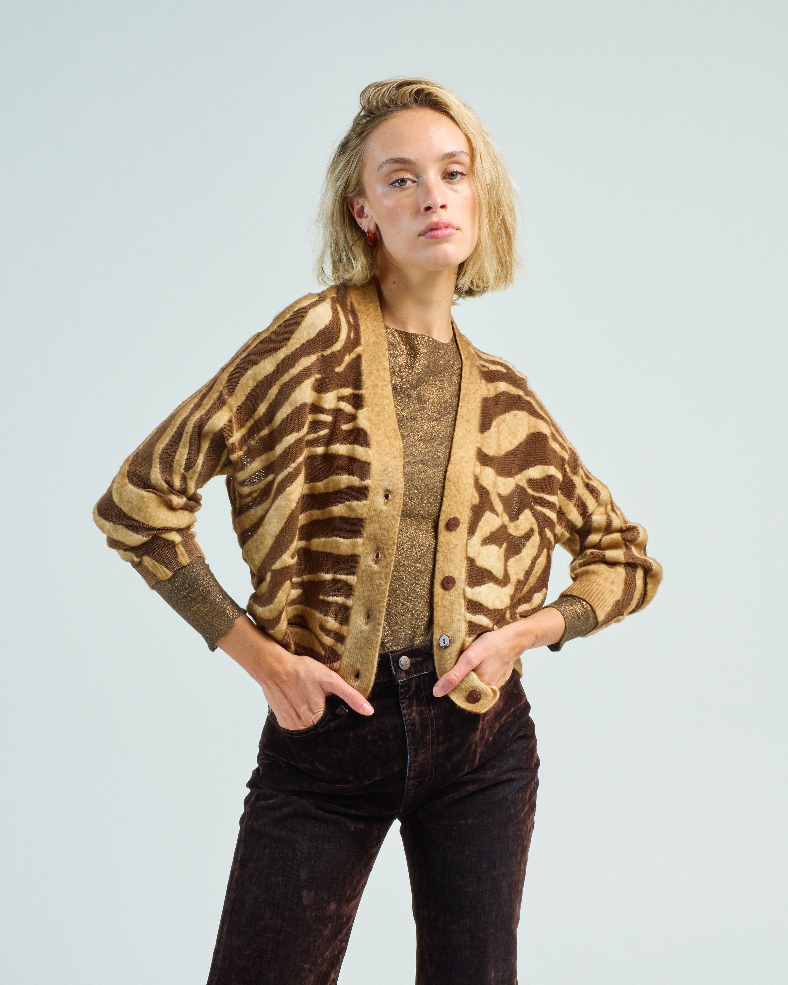 Avant Toi Hand Painted Zebra Devore' Effect V Cardigan Sughero