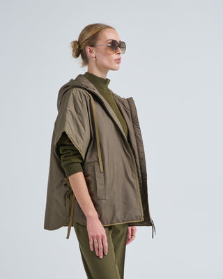 hooded down cape with gathered sides