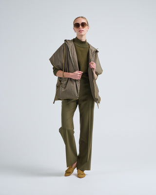 hooded down cape with gathered sides