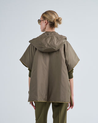 hooded down cape with gathered sides