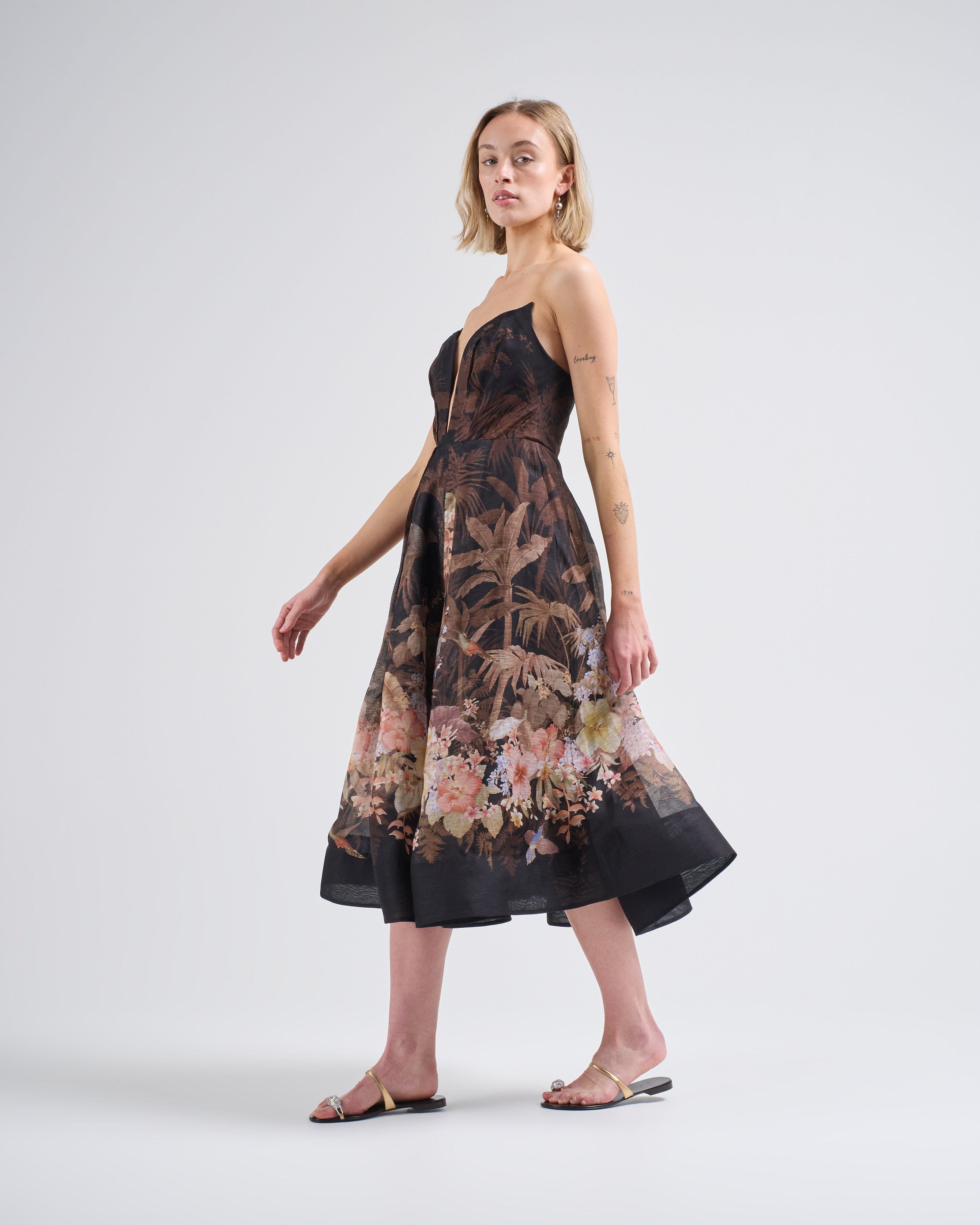 Zimmermann Illuminate Draped Midi Dress Black Tropical Zimmermann Illuminate Draped Midi Dress Black Tropical