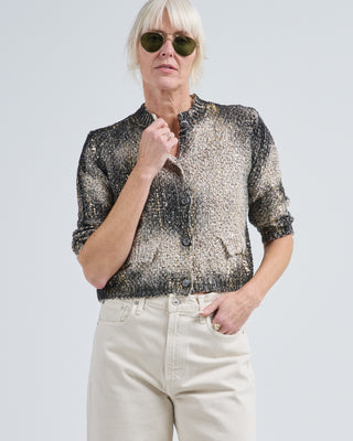 laminated scratched effect moss stitch round neck jacket