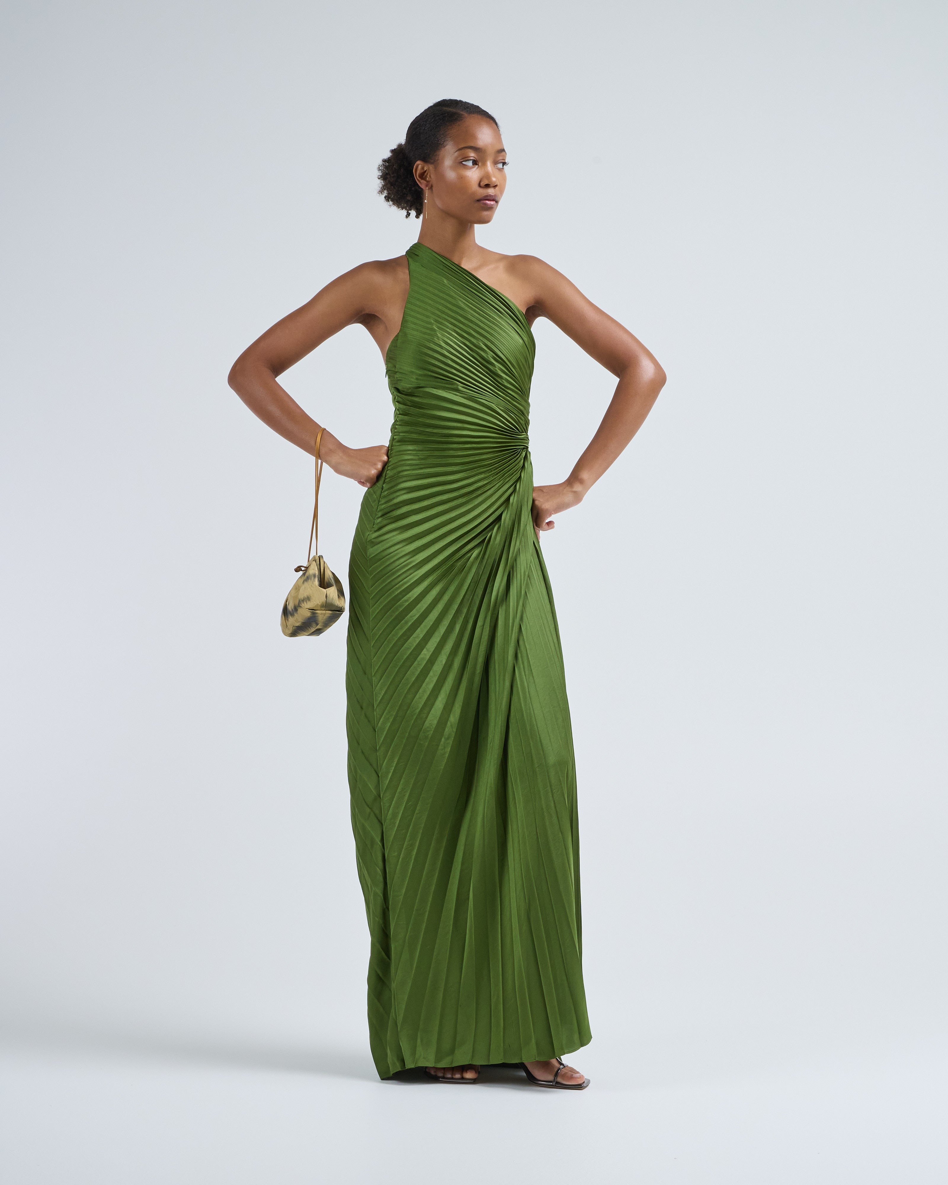 alc green pleated dress A.L.C. Dahlia One Shoulder Pleated Crepe Maxi Dress