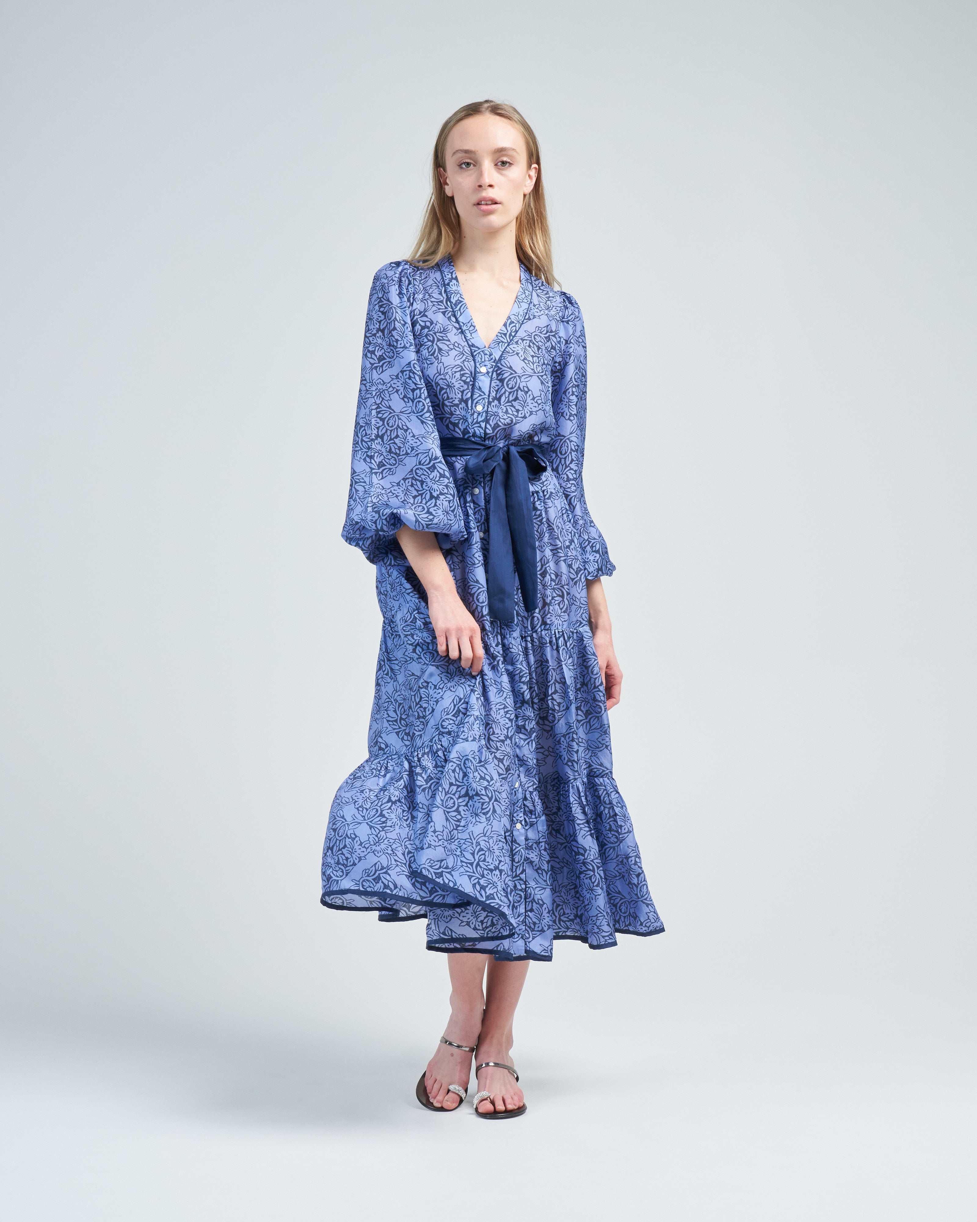 hannah artwear blue dress Hannah Artwear Surya Printed Silk Maxi Dress In Blue - 50% Off