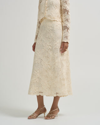 lattice guipure lace midi skirt