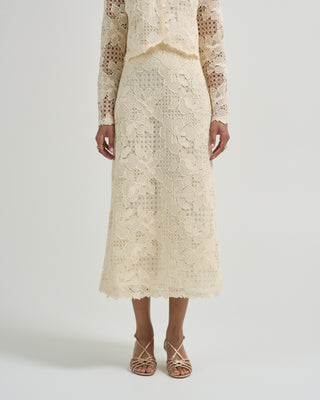 lattice guipure lace midi skirt
