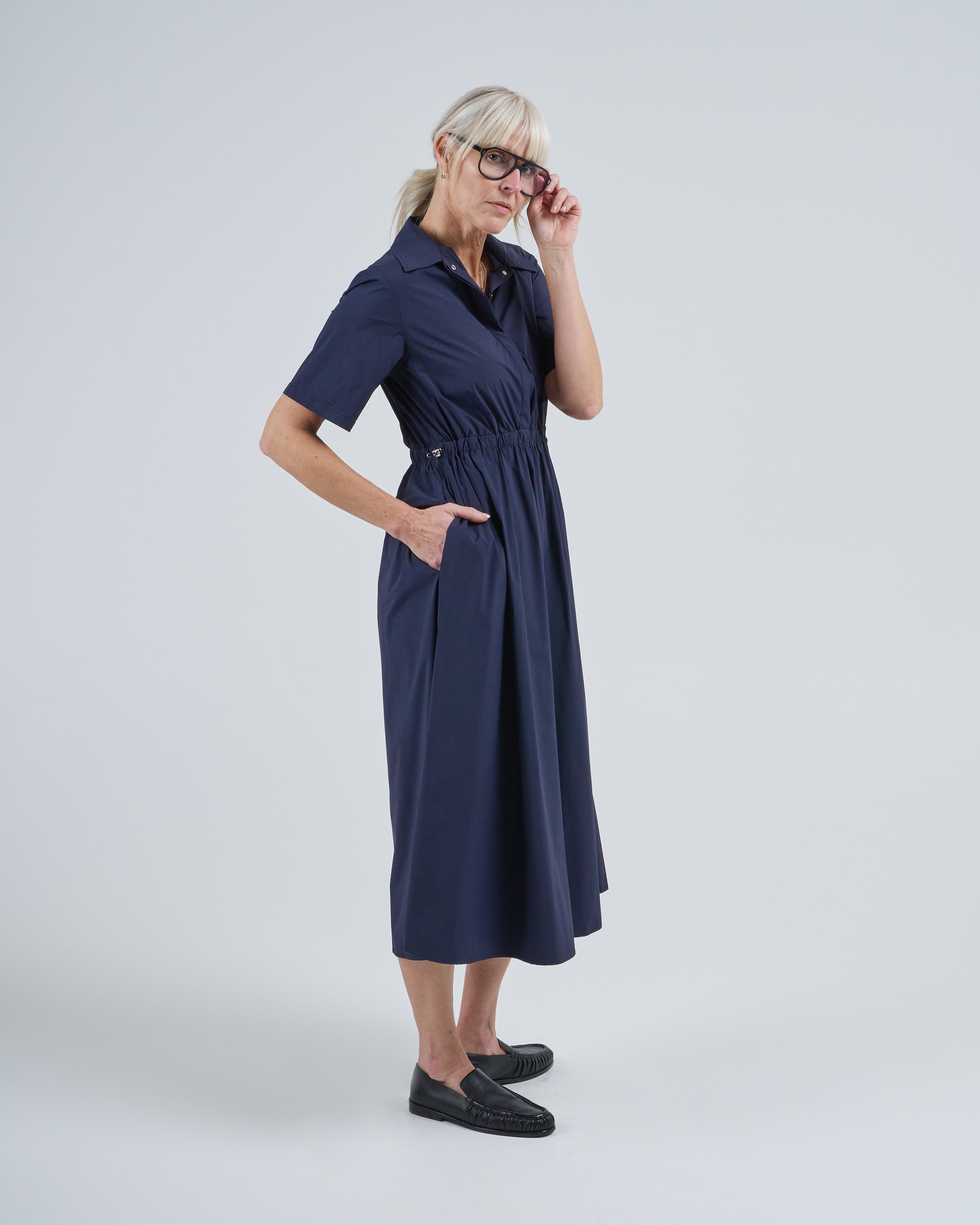 Herno Light Nylon Stretch Short Sleeve Long Dress 9201 Navy