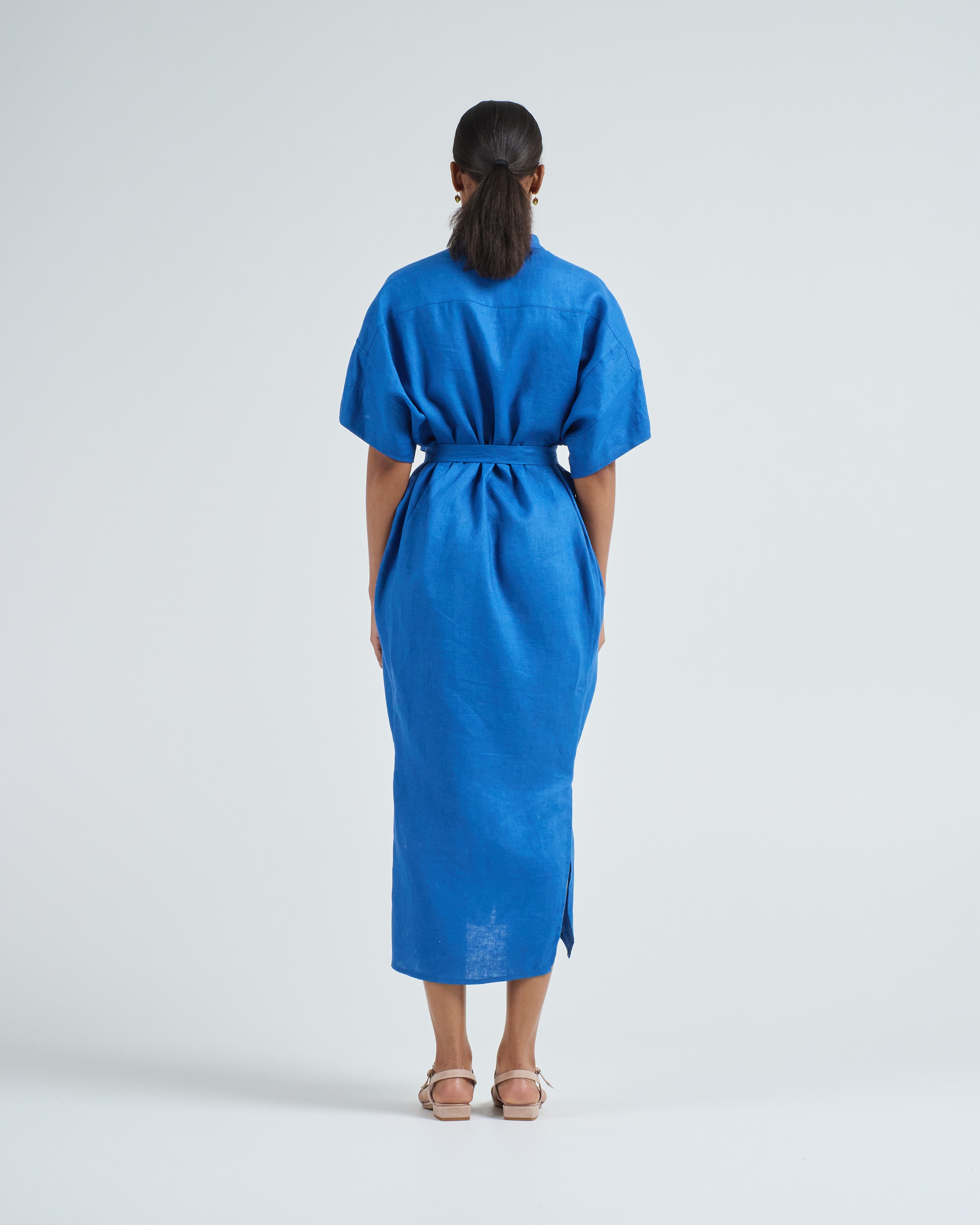 cobalt blue linen shift dress shirtdress 70% Viscose L.F. Markey Women's Basic Linen