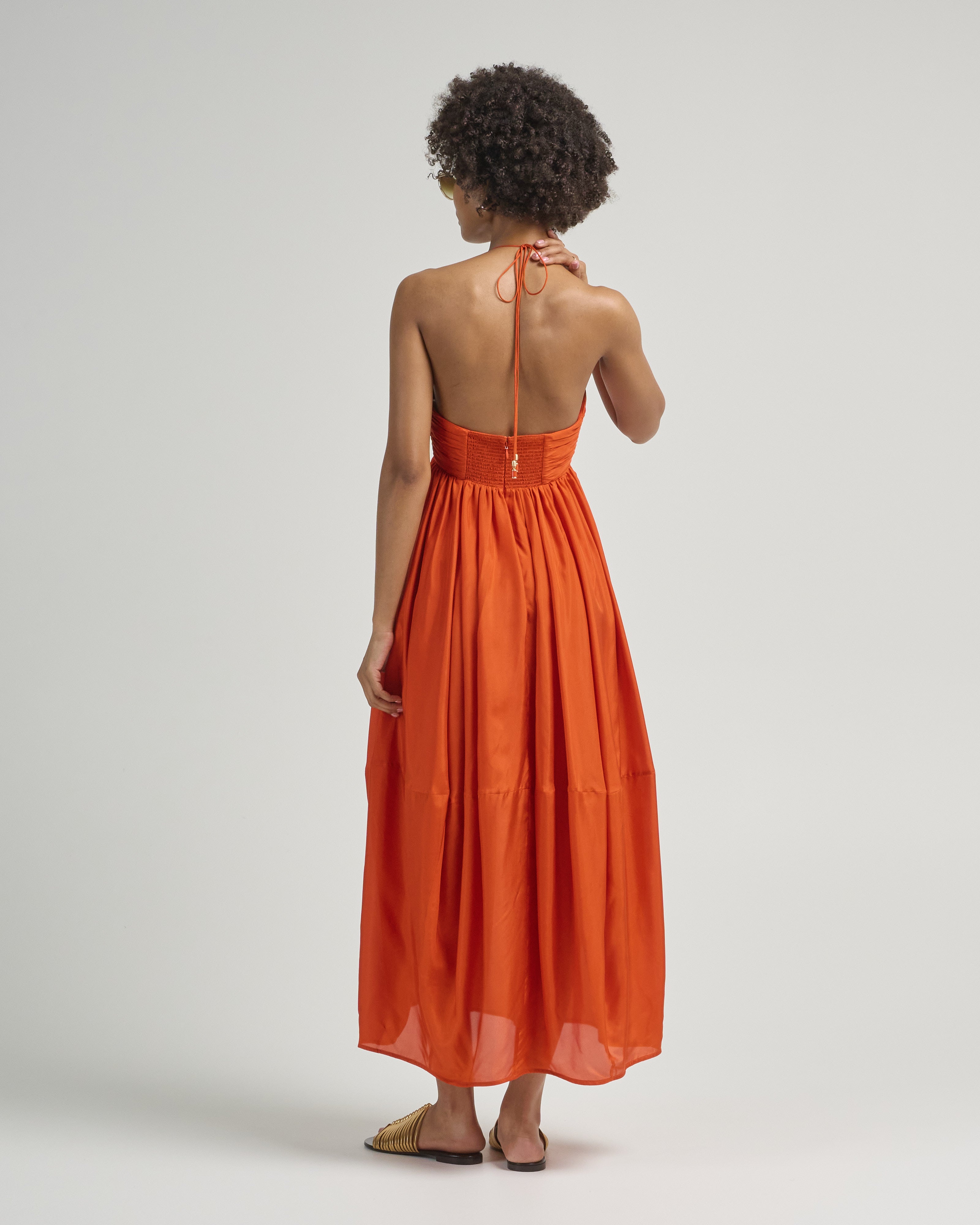 zimmermann orange dress gmg-zimmermann-orange-dress-1006822 shirred back bust and adjustable shoulder straps. mahon halter midi dress