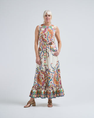 Etro Maxi A-Line Dress W/ Belt And Hem Flounce Print On White Etro Maxi A-Line Dress W/ Belt And Hem Flounce Print On White