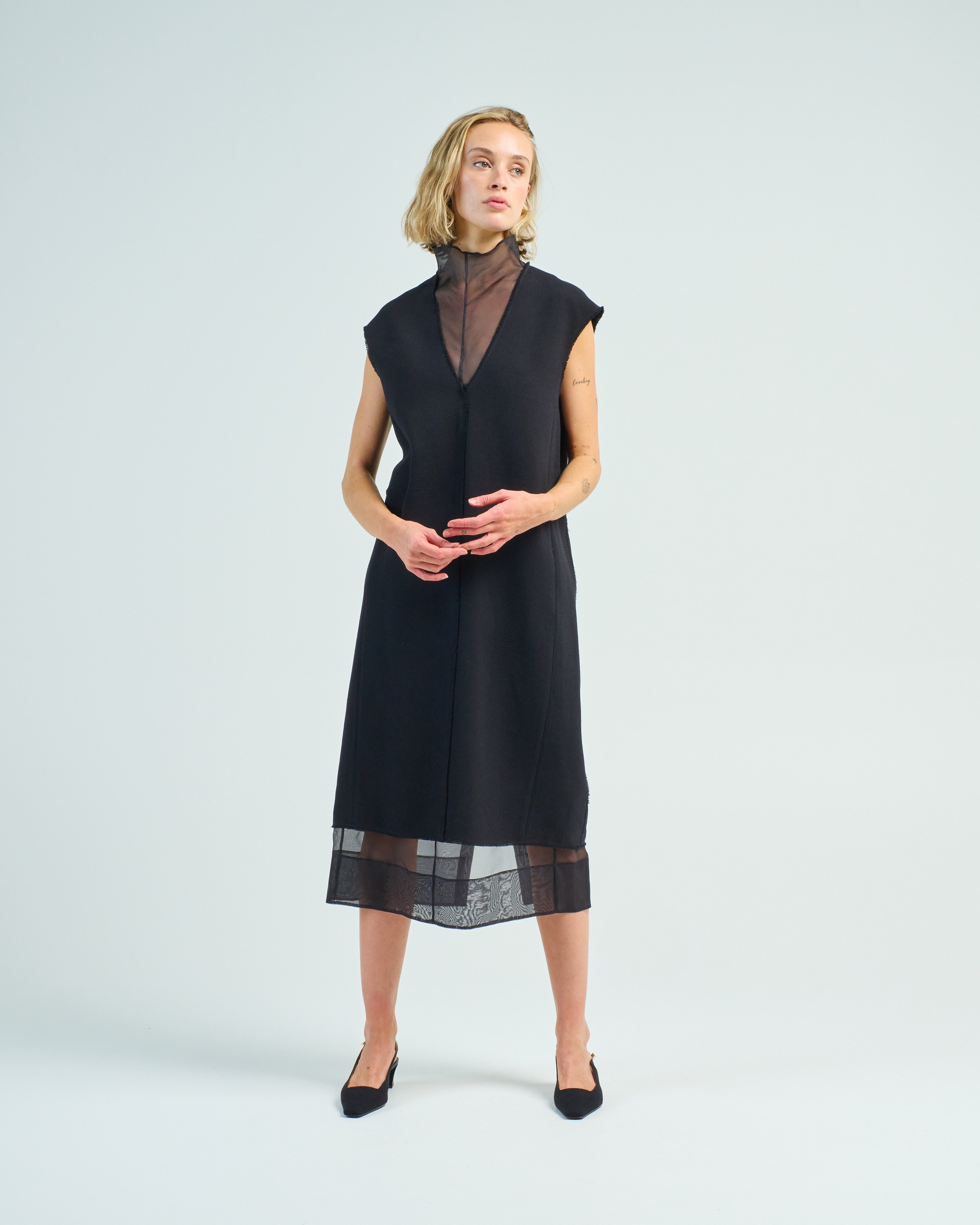 Tibi Melee Crepe V-Neck Dress With Organza Lining Black Tibi Melee Crepe V-Neck Dress With Organza Lining Black