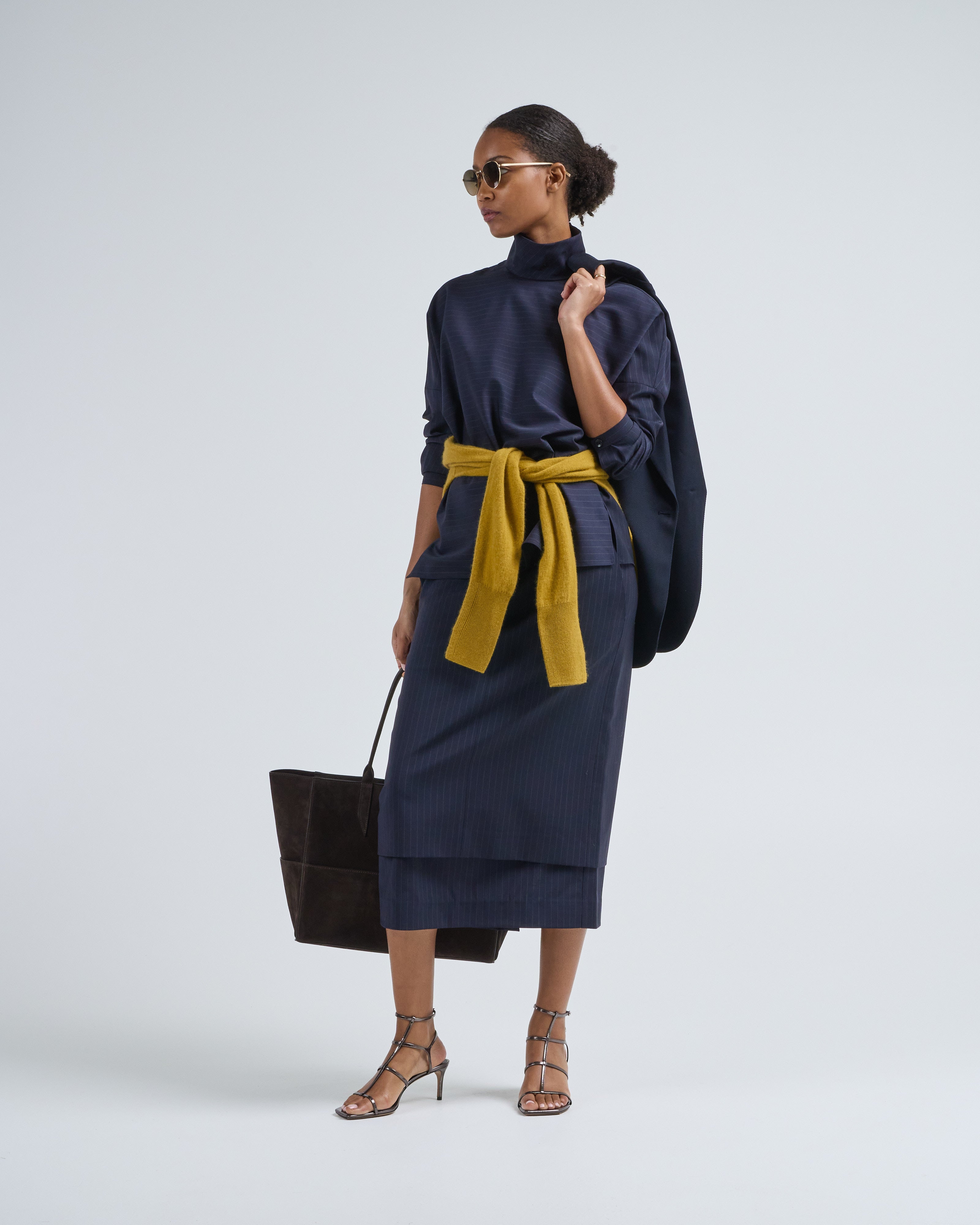 Tibi Mier Pinstripe Funnel Neck Dolman Sleeve Top Navy Multi