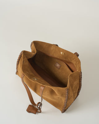 mortimer tote in reverse suede with patent leather