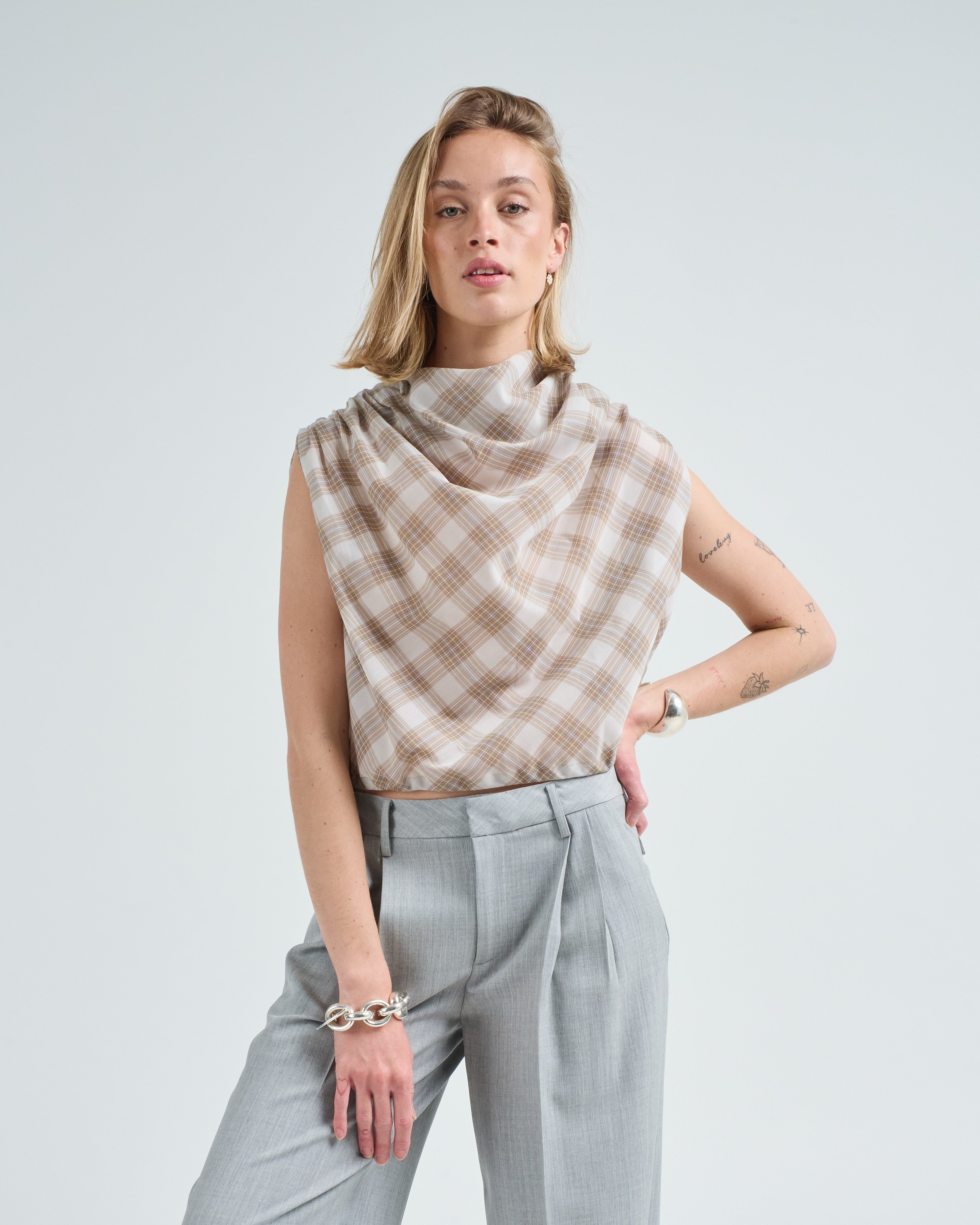 Kallmeyer Naia Draped Top Beige Plaid