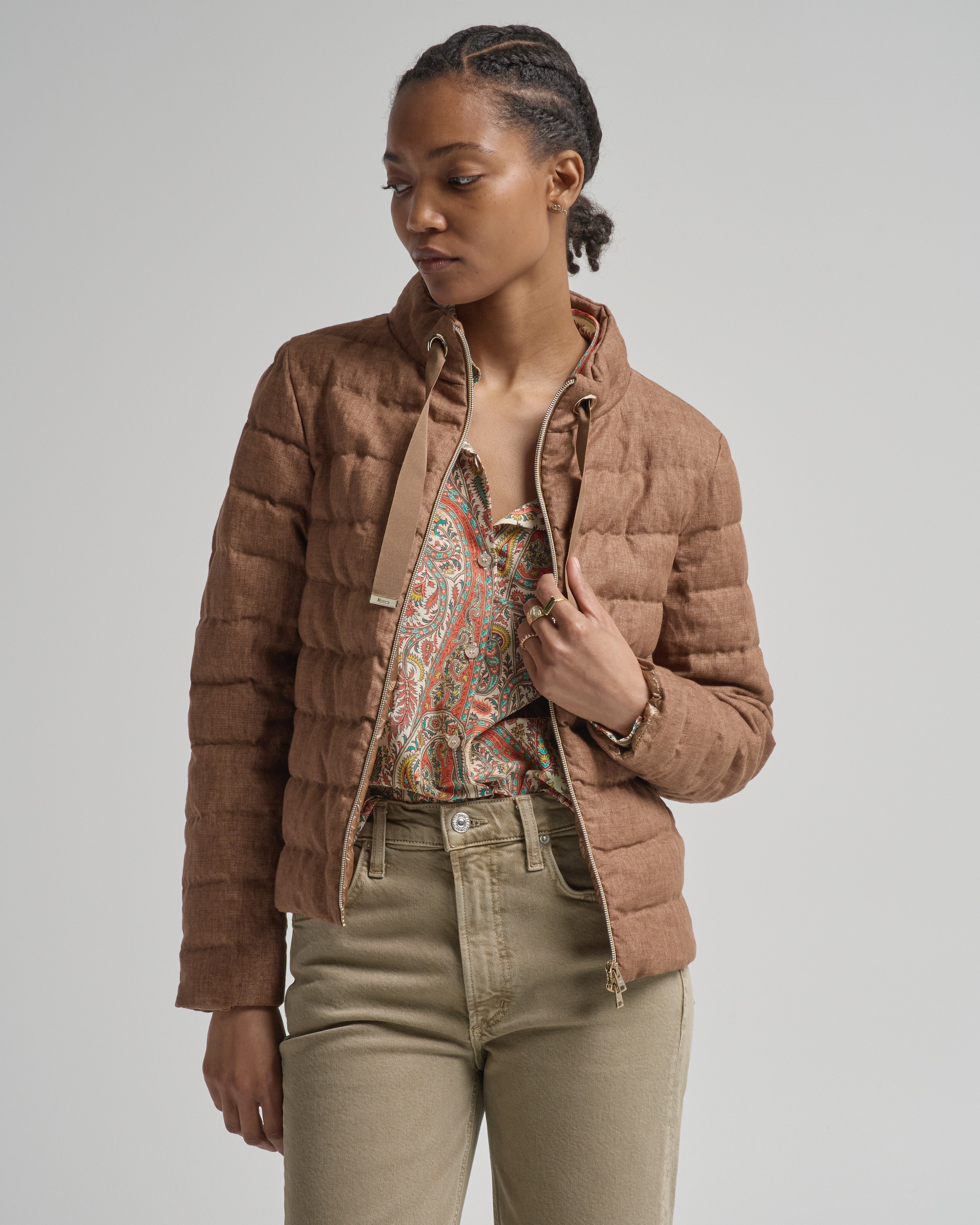 Herno New Linen Quilted Short Jacket With Tie Detail 2240 Tobacco
