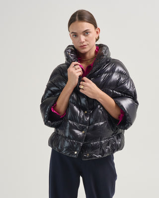 nylon ultralight short puffer with knitted half sleeves