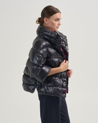 nylon ultralight short puffer with knitted half sleeves
