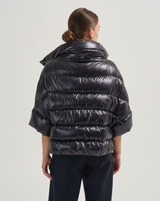 nylon ultralight short puffer with knitted half sleeves