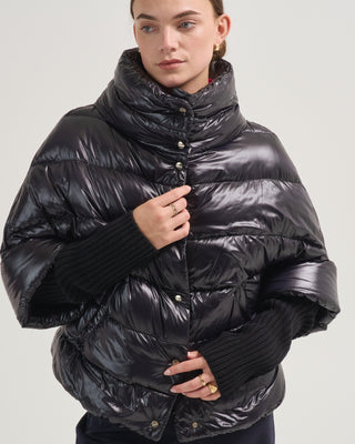 nylon ultralight short puffer with knitted half sleeves