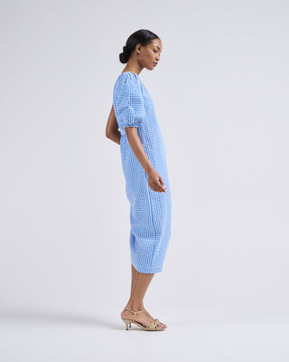 Rosie Assoulin One Shoulder Puff Sleeve Dress Blue Gingham Rosie Assoulin One Shoulder Puff Sleeve Dress Blue Gingham