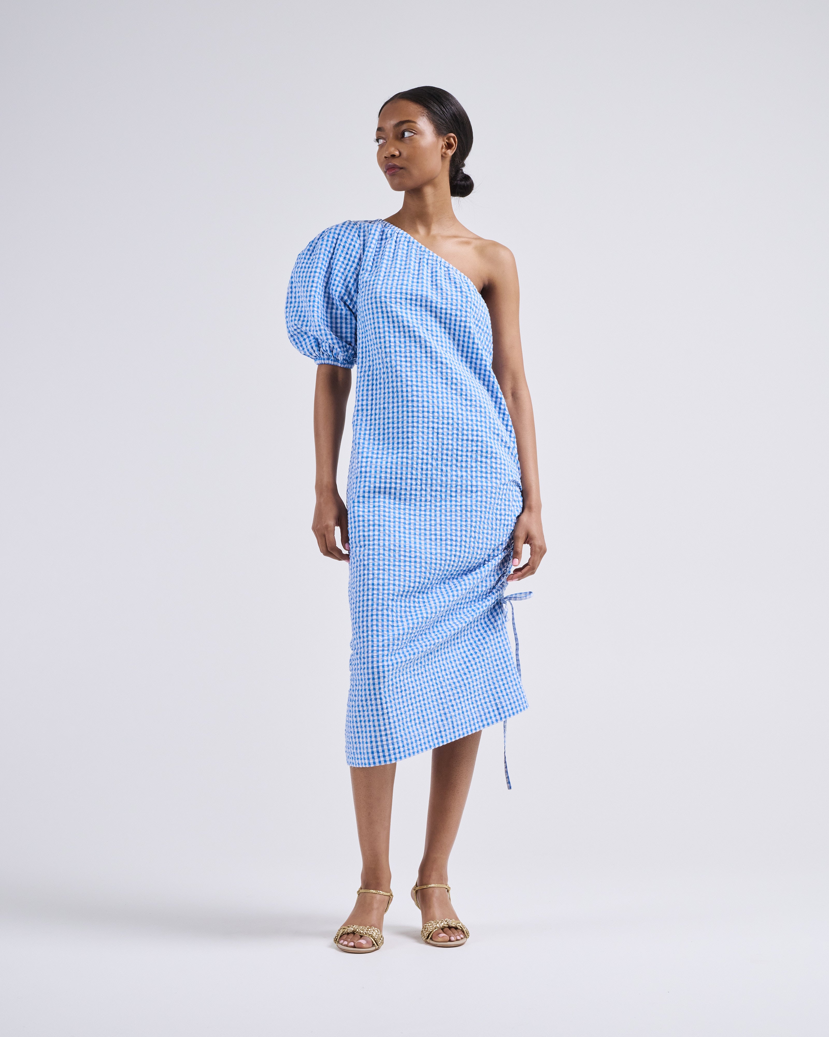 Rosie Assoulin One Shoulder Puff Sleeve Dress Blue Gingham Rosie Assoulin One Shoulder Puff Sleeve Dress Blue Gingham
