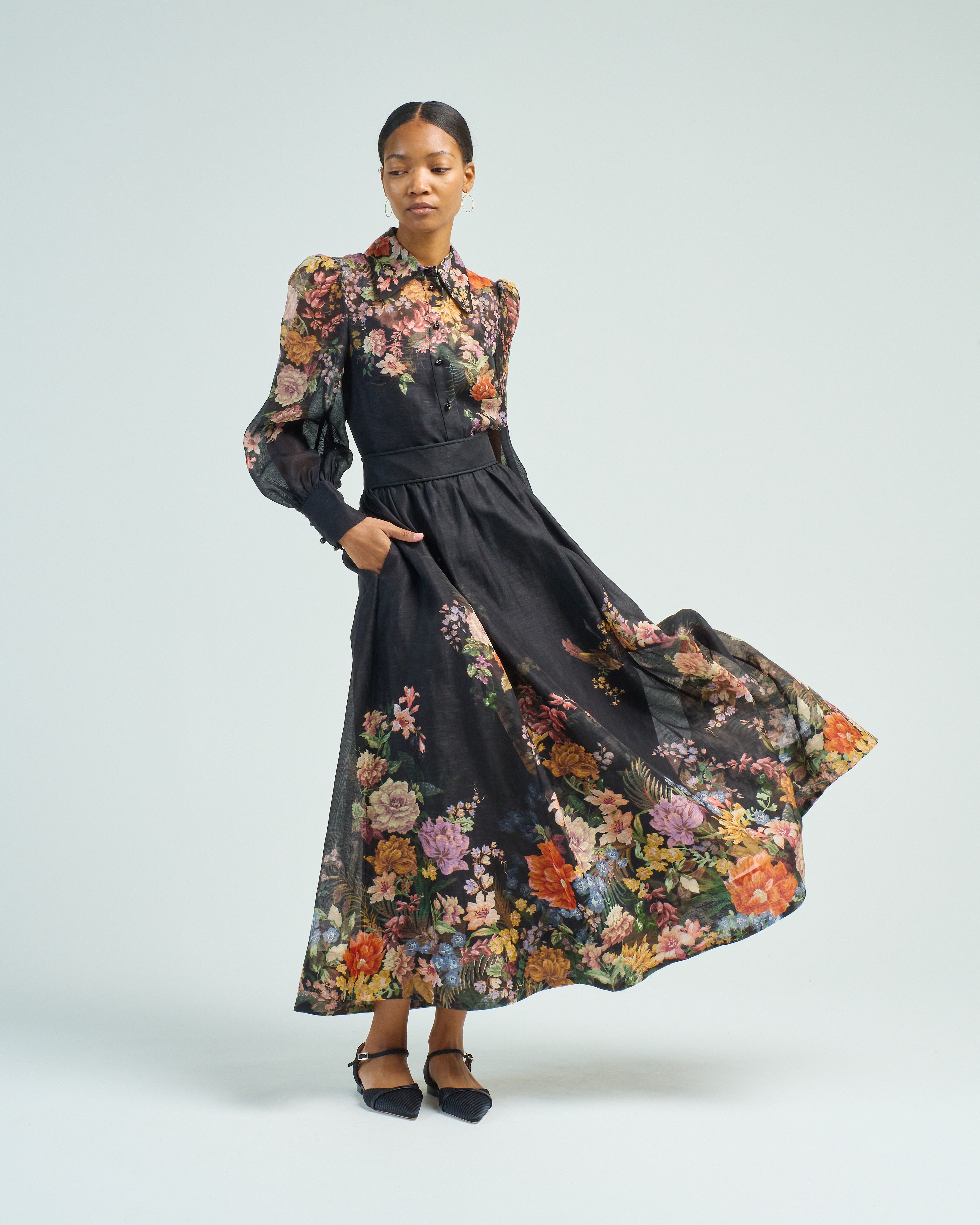 Zimmermann Pavilion Gathered Midi Skirt Black Multi Floral