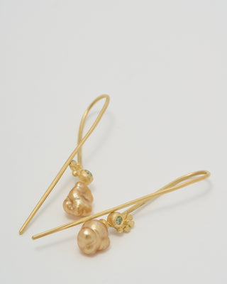 pearl and green diamond long hook earrings