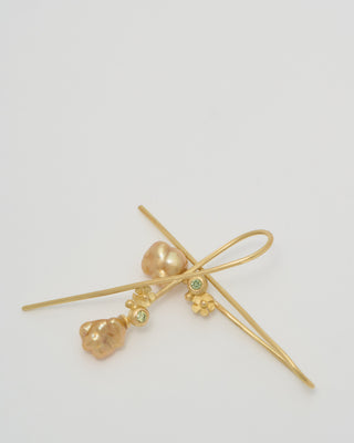 pearl and green diamond long hook earrings